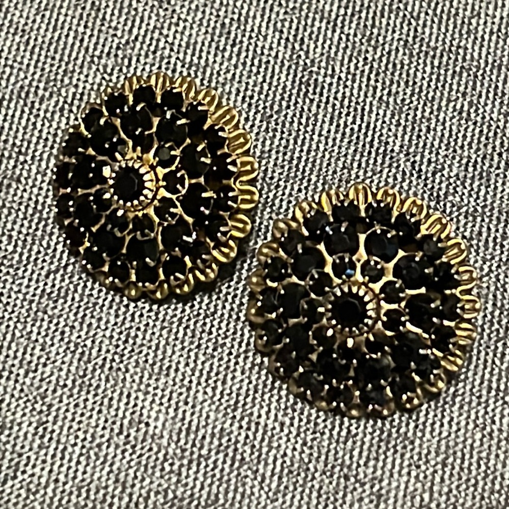 Vintage Black Rhinestone and Gold Tone Clip-on Earrings
